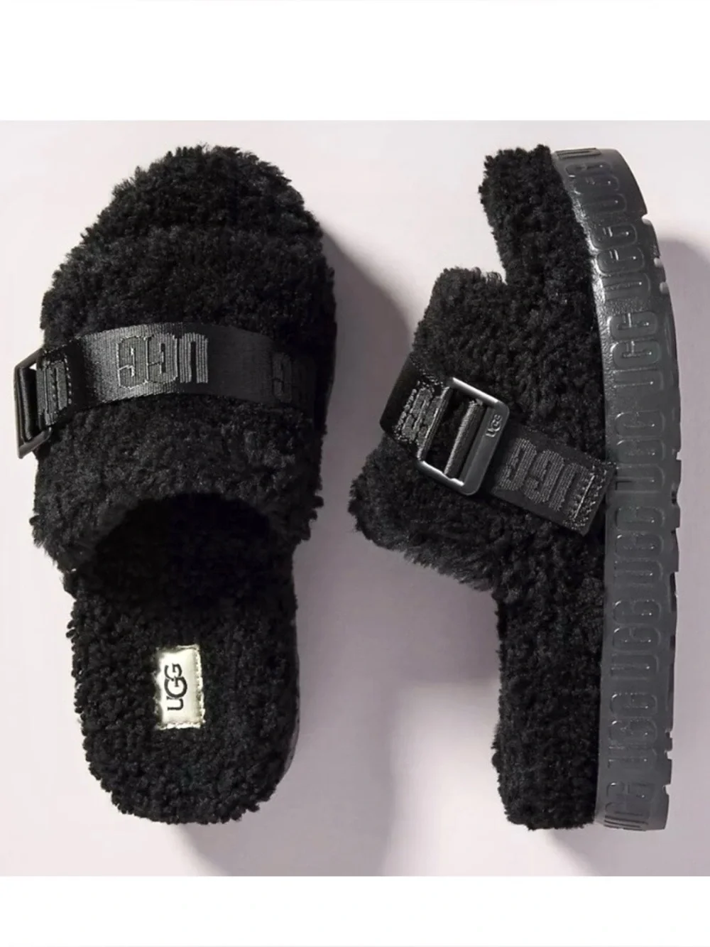 UGG Fluffita Black Sherpa Fur Slides Sandals Platform Logo Strap Buckle 10